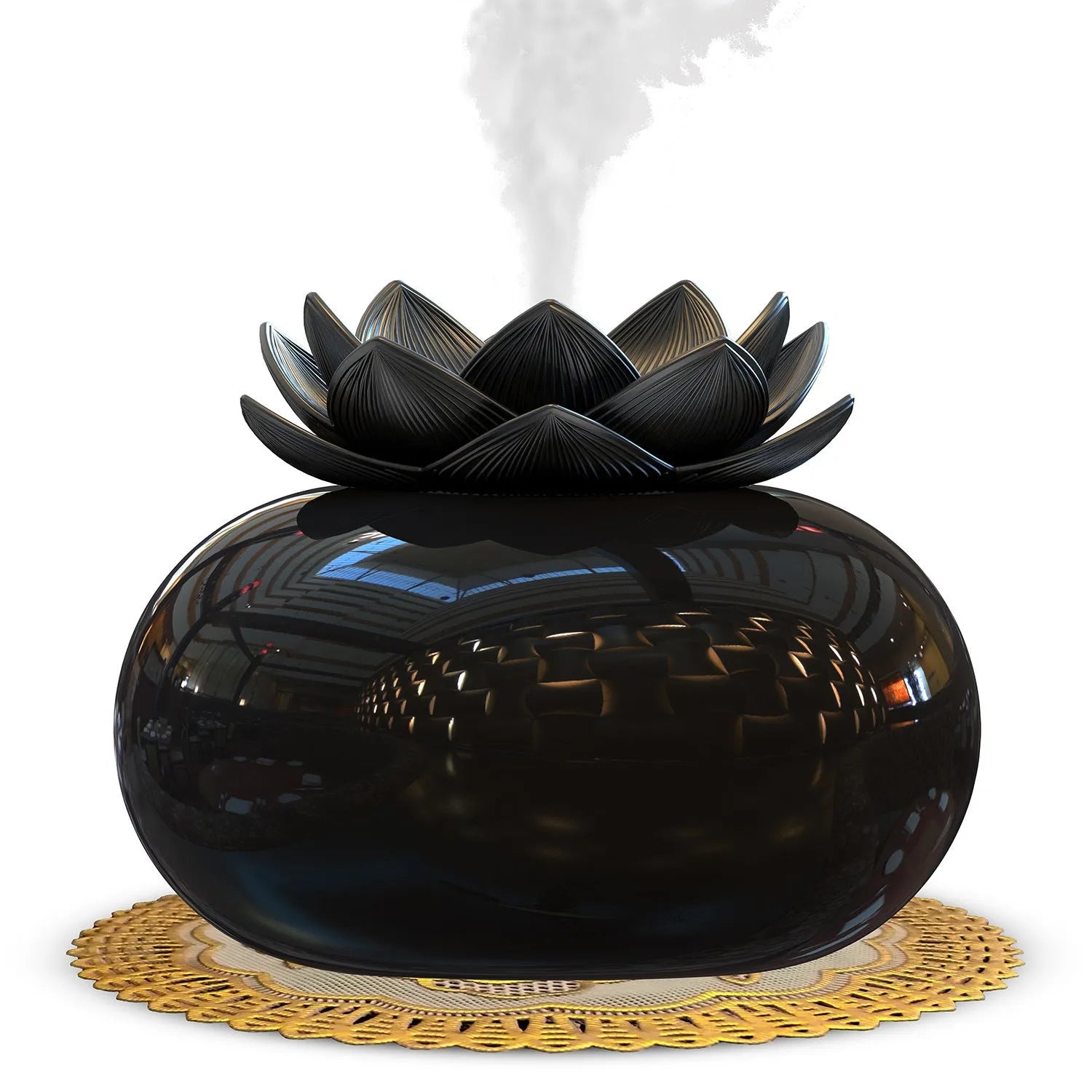 Black round lotus aromatherapy humidifier with USB port for power connection
