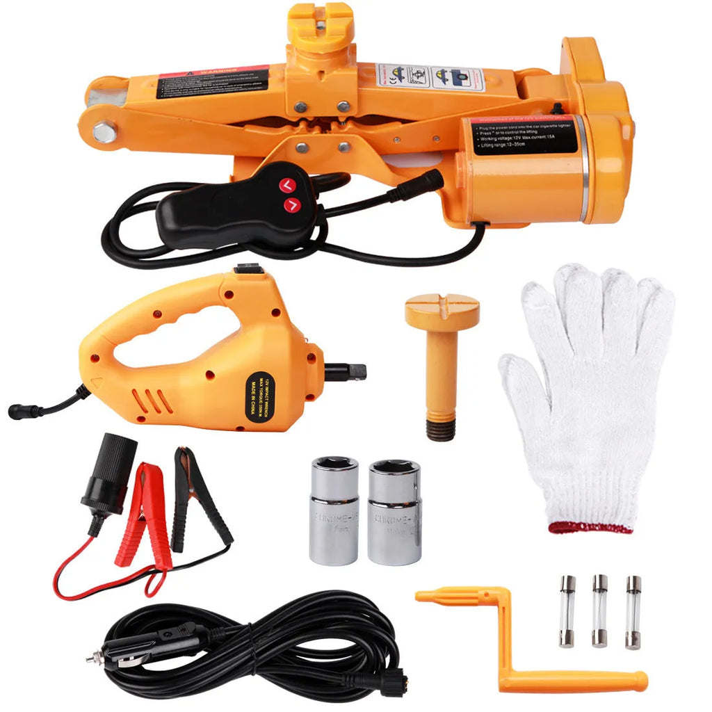 Yellow electric car jack set with matching power wrench for vehicle maintenance