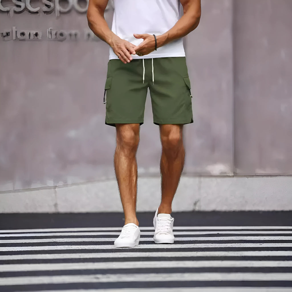 Men's loose fit workwear shorts in straight cut with micro-elastic waist in fluorescent green or army green colours