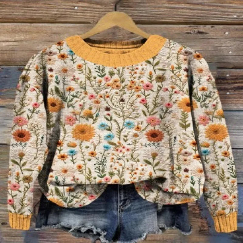 Women's little flower digital printed round neck sweater with floral pattern in polyester knit fabric
