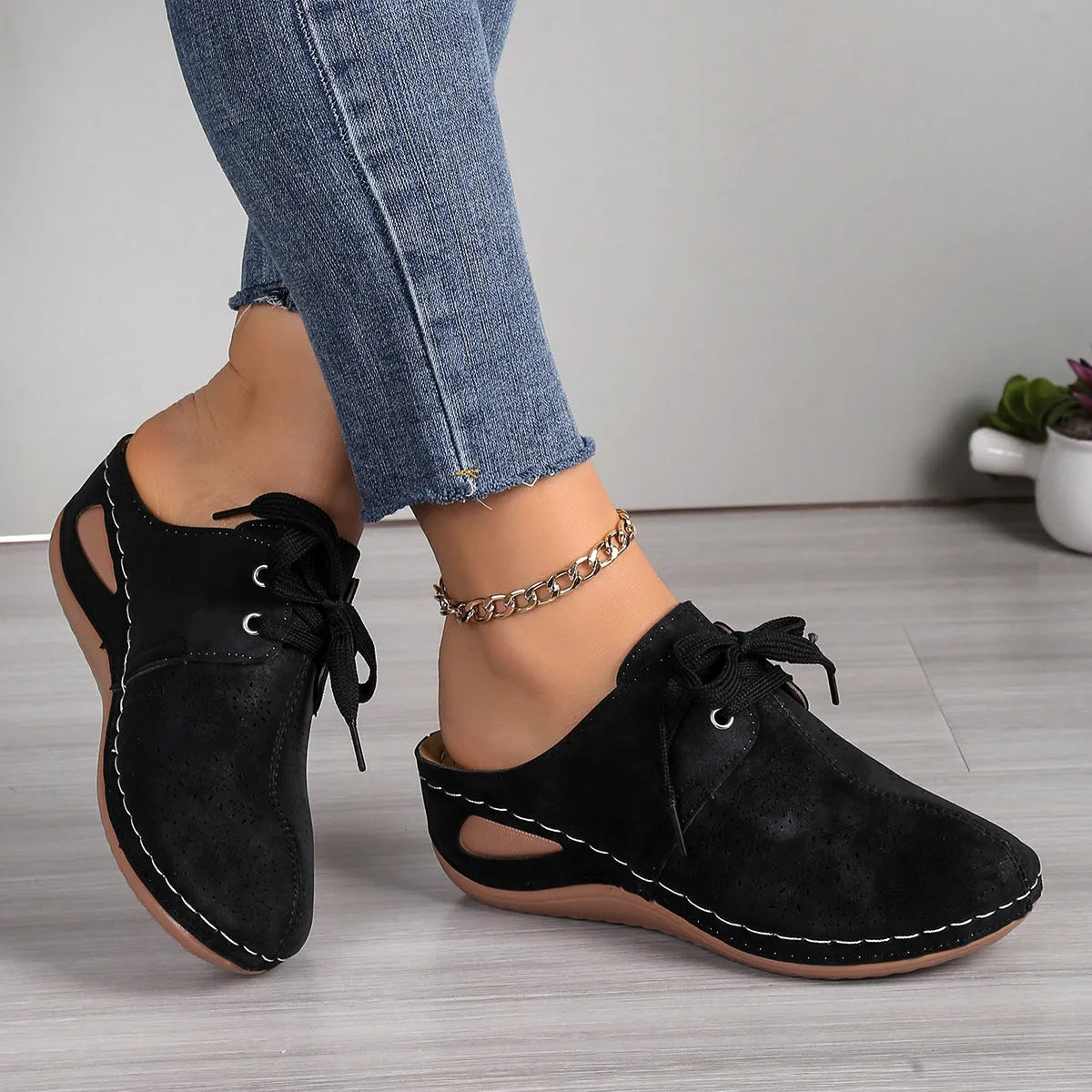 Women's summer lace-up slippers with hollow out wedges in suede and rubber construction