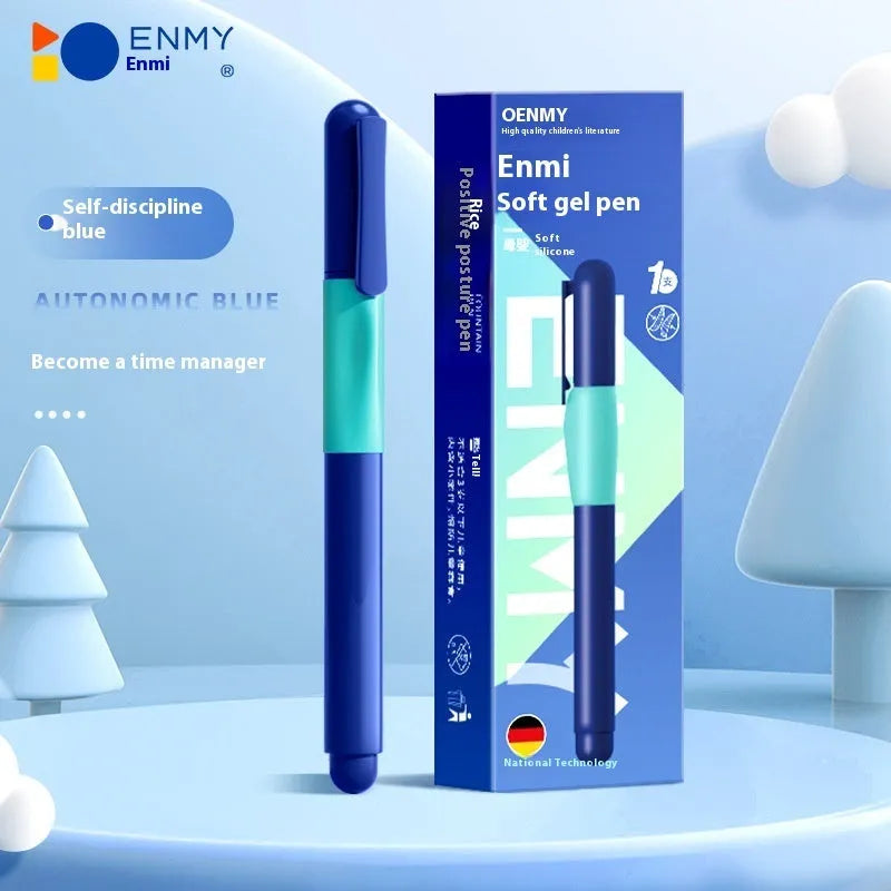 Student posture correction pen with triangular grip in blue, green, purple, or orange colours