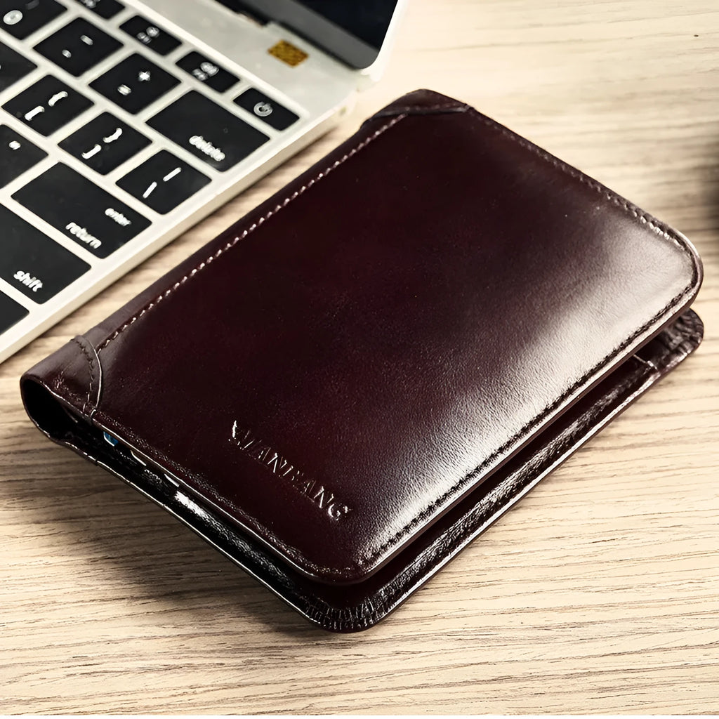 Men's black leather wallet open to show internal card slots, coin pocket, and document sleeve.