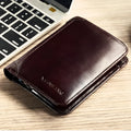 Men's black leather wallet open to show internal card slots, coin pocket, and document sleeve.