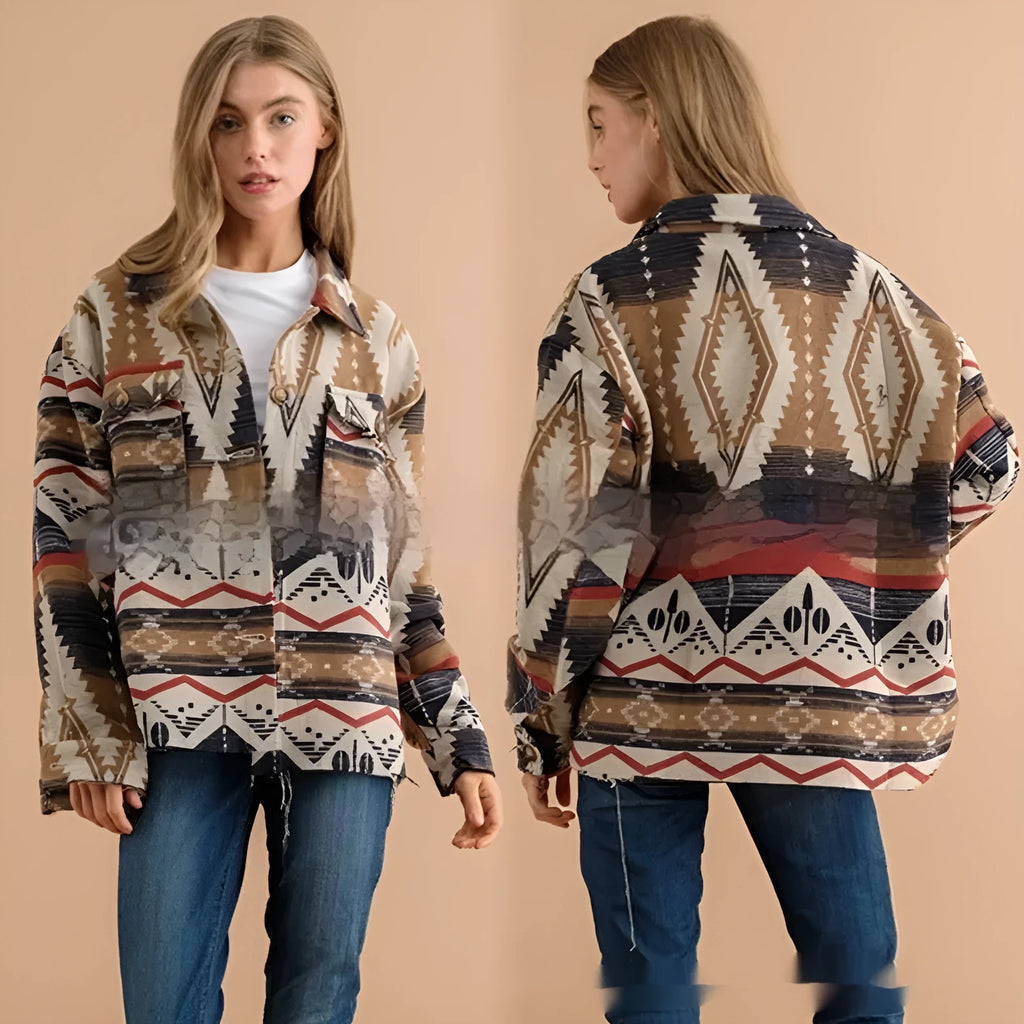 Women's loose-fit retro wool coat with blue Aztec print, long sleeves, and a tailored collar.