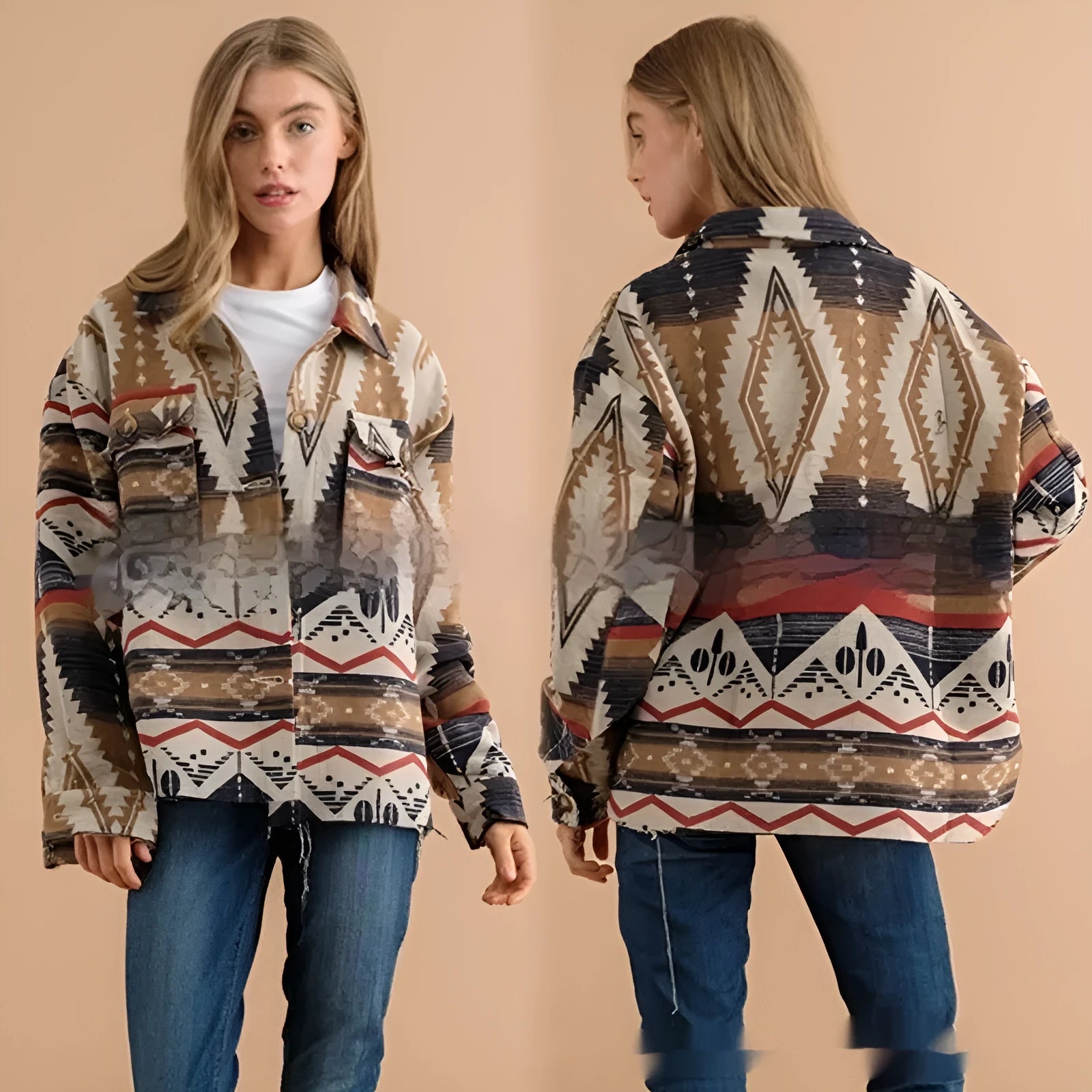 Women's loose-fit retro wool coat with blue Aztec print, long sleeves, and a tailored collar.