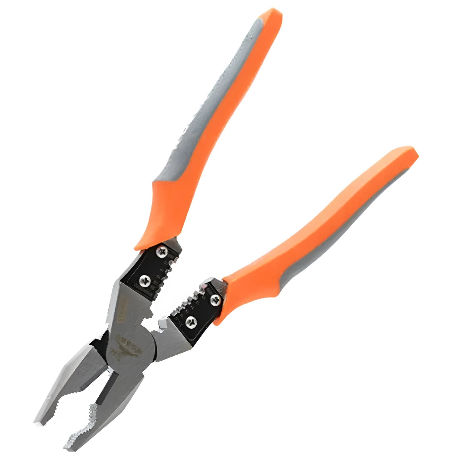 Orange multi-function wire cutter pliers with textured PVC handles and chrome steel jaws.