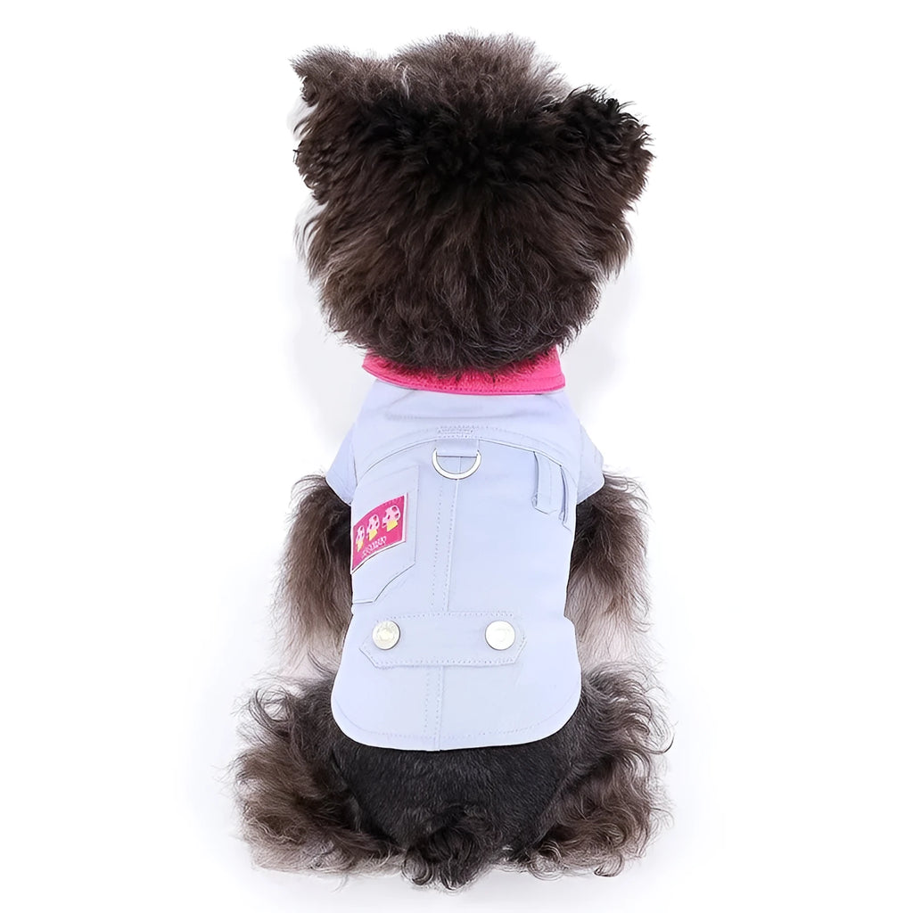 Blue and purple polyester summer vest for small dogs with integrated leash ring in seven precise sizes