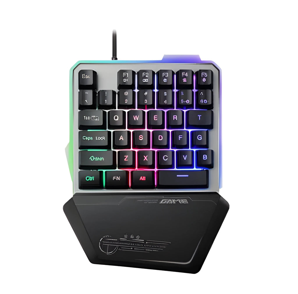 Black G40 one-handed mechanical keyboard with RGB backlighting on a desk.