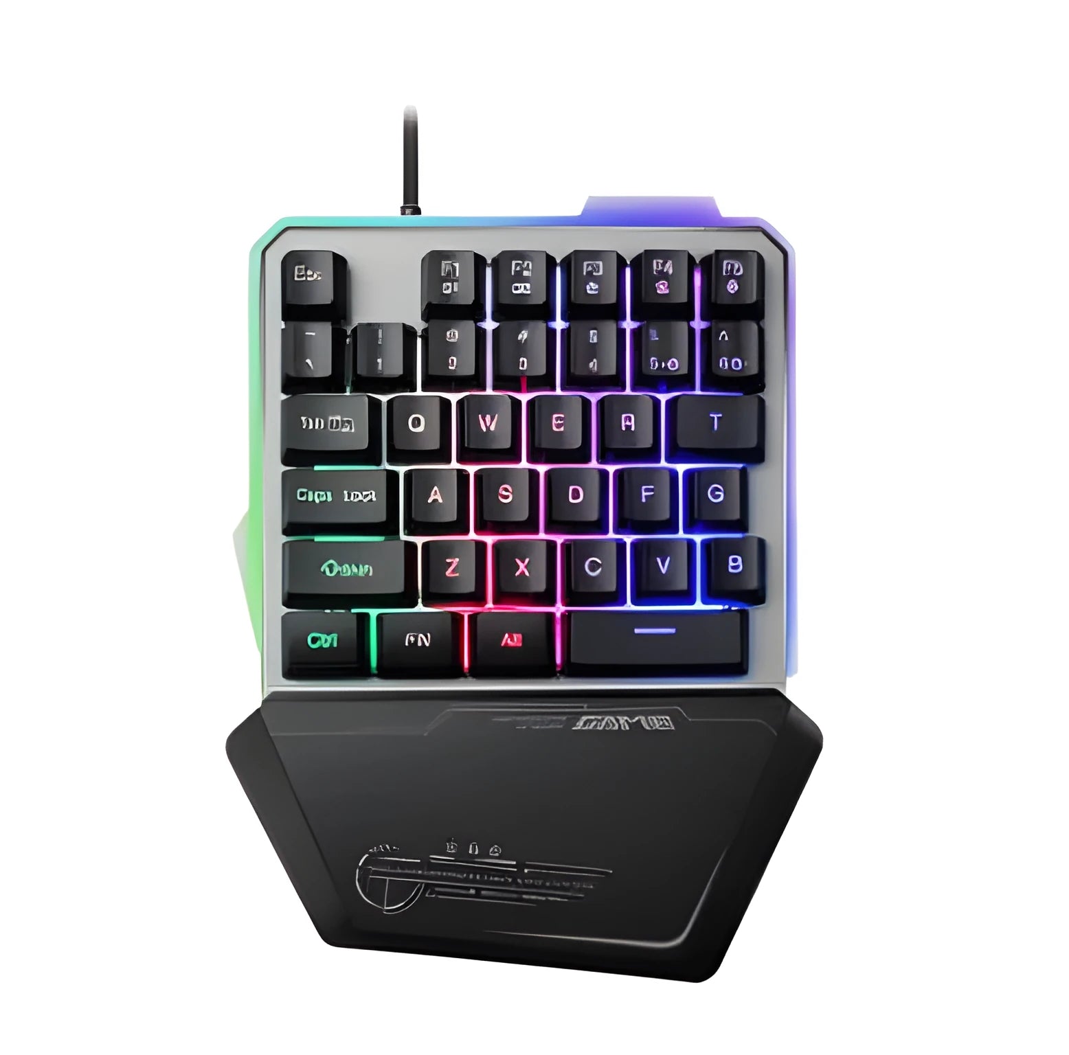 Black G40 one-handed mechanical keyboard with RGB backlighting on a desk.