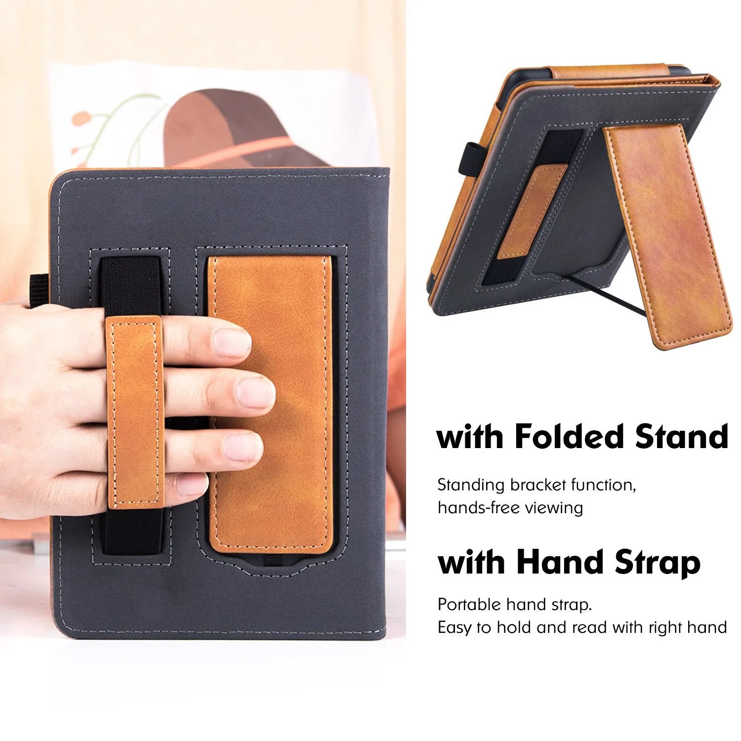 Kindle Paperwhite 11 leather case with wrist splint bracket in calfskin with microfiber lining