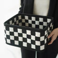 Checkerboard woven felt storage basket with folded sides showing dimensions 37x29x19.5cm