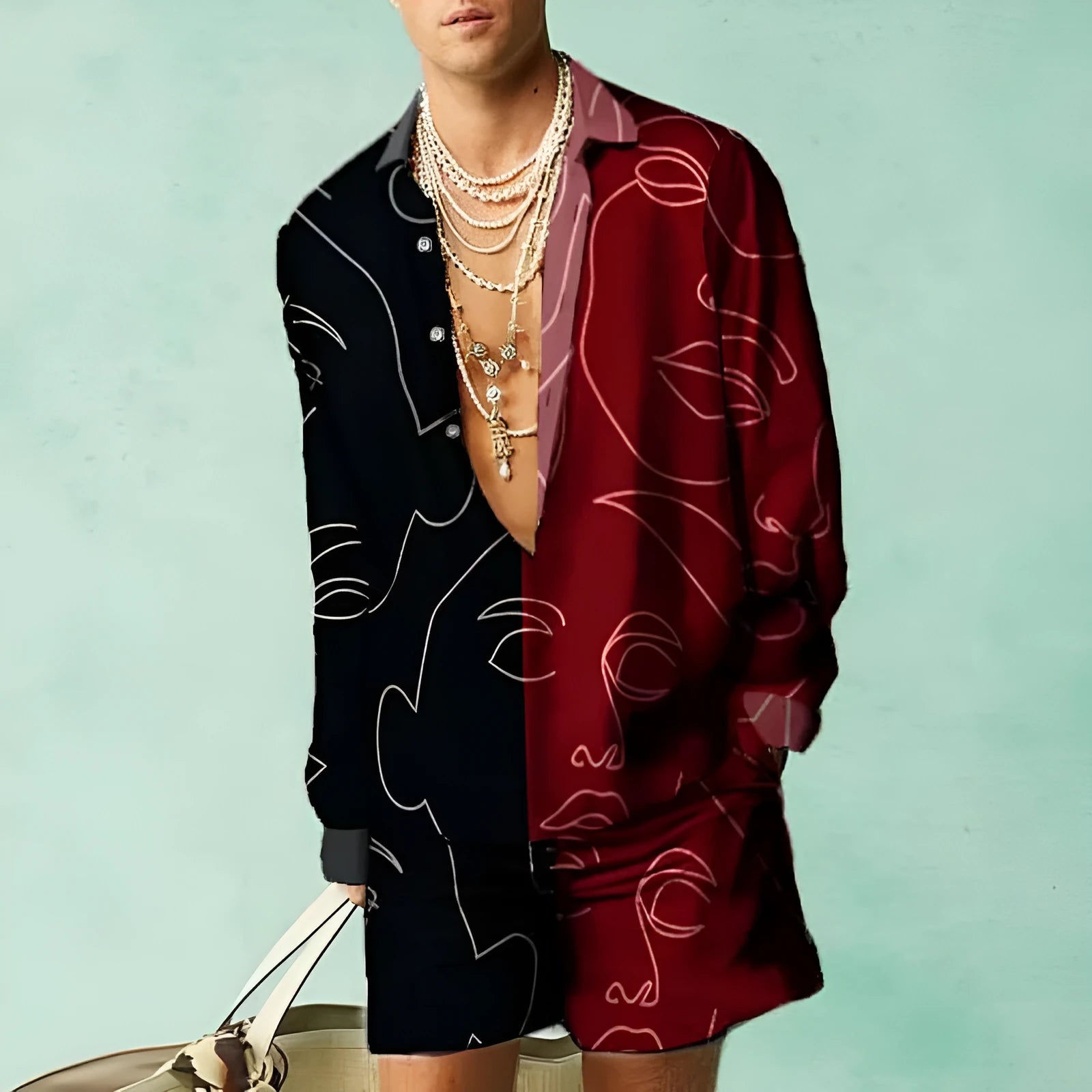 Men's casual summer shirt and shorts matching set in slim fit with long sleeves
