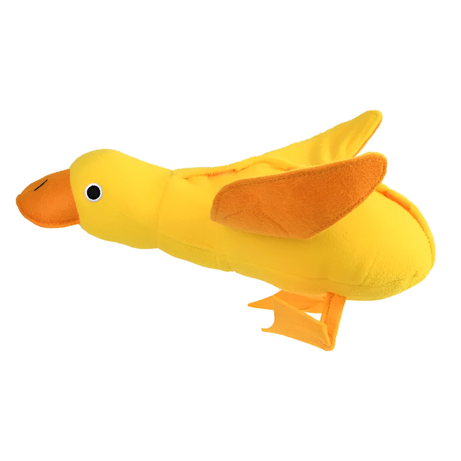 Yellow teddy dog toy with central duck doll, featuring a squeaker and treat leak compartment.