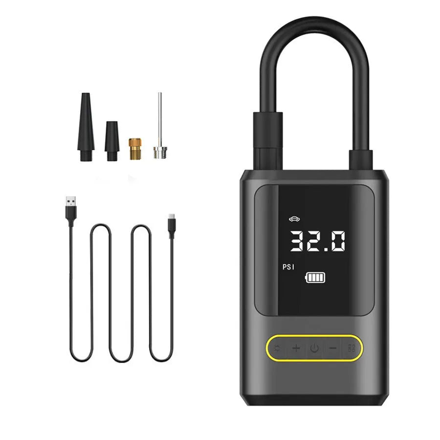 Handheld digital display car tyre inflator pump with LED screen, black ABS body, and air hose.