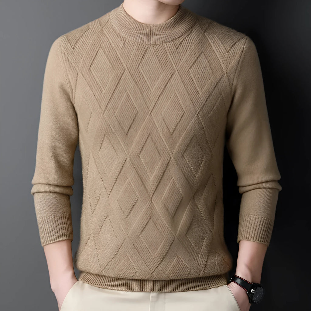Men's thick grey diamond jacquard wool blend thermal pullover sweater on a hanger.