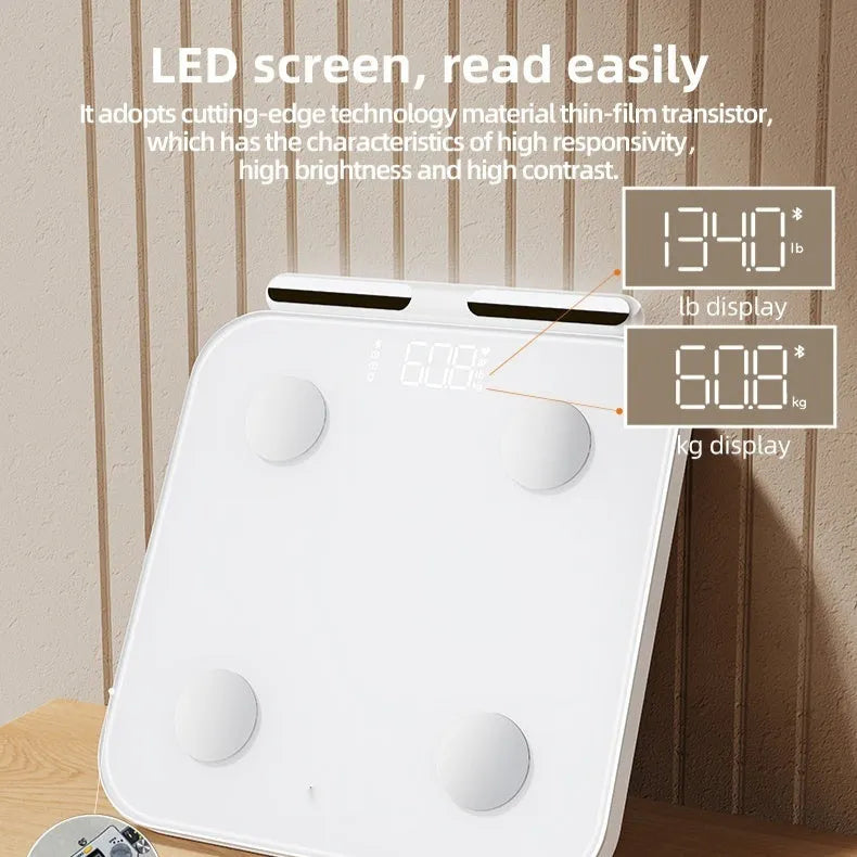 White 8-electrode body fat scale with tempered glass platform and LED display