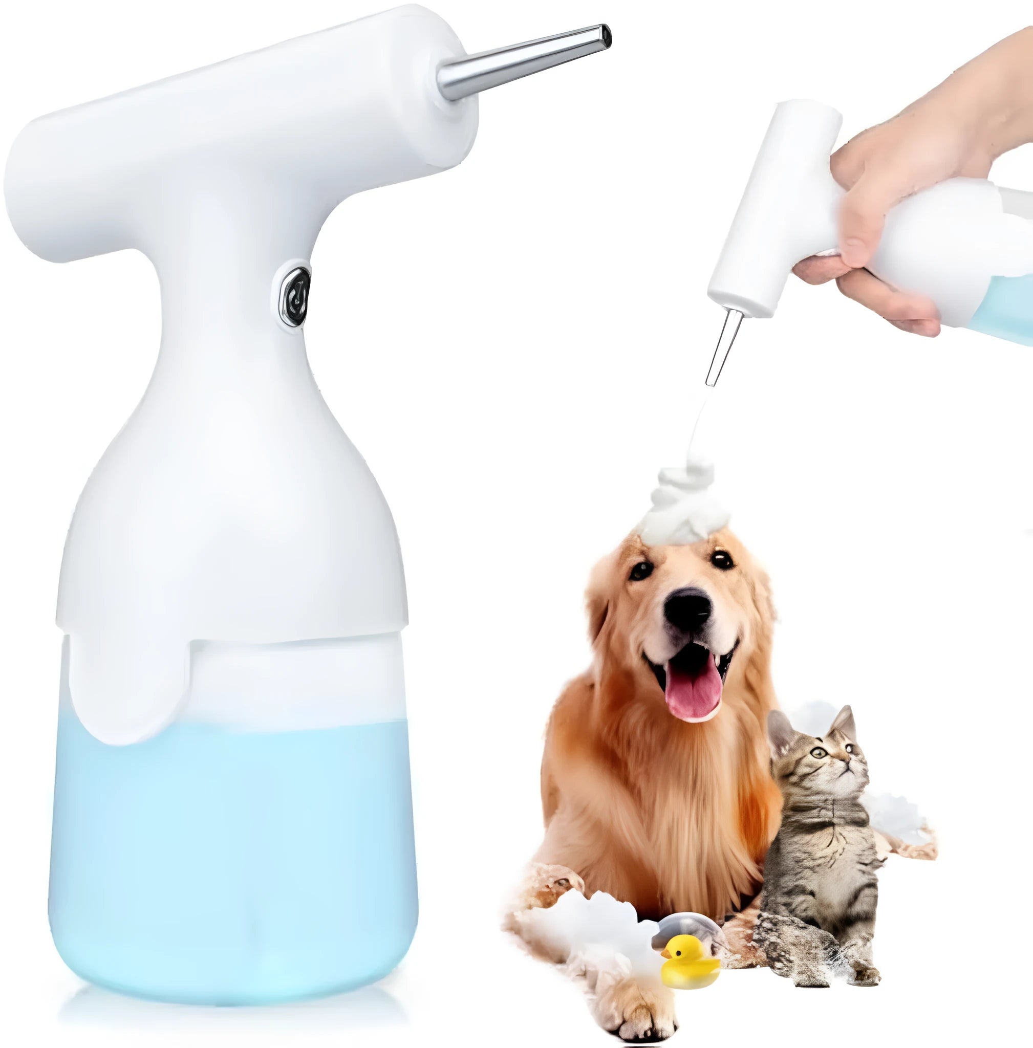 White electric foam soap dispenser with USB charging cable for pet bathing and household cleaning