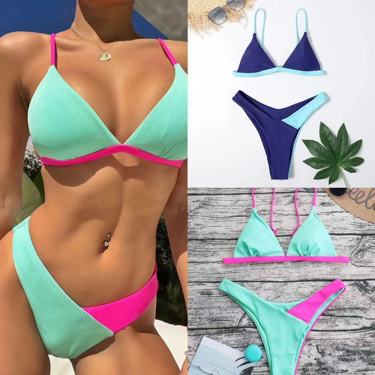 Women's two-piece nylon swimsuit set with bra and briefs in a patterned design
