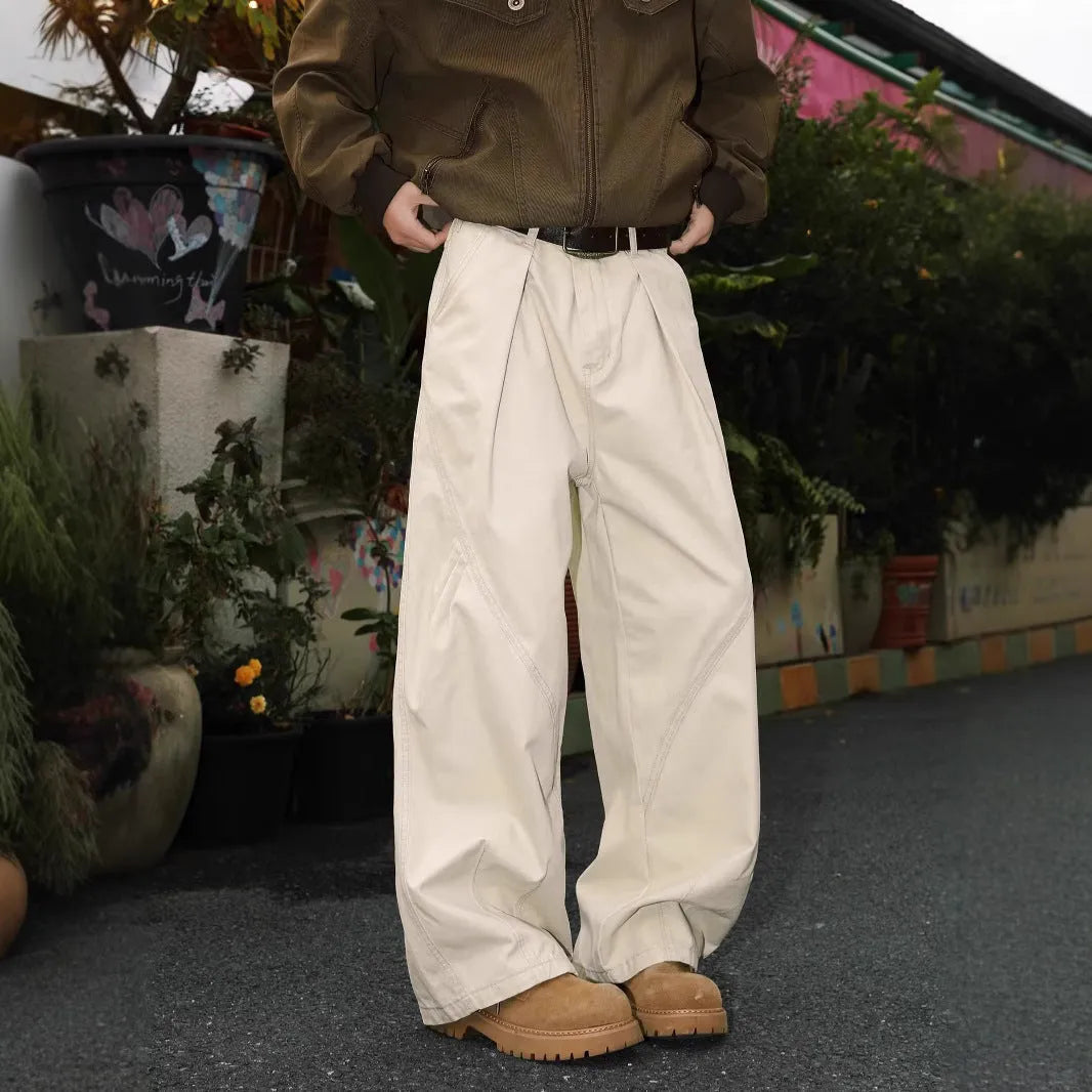 Men's pleated straight trousers in cotton blend fabric with stripe pattern and elastic waistband
