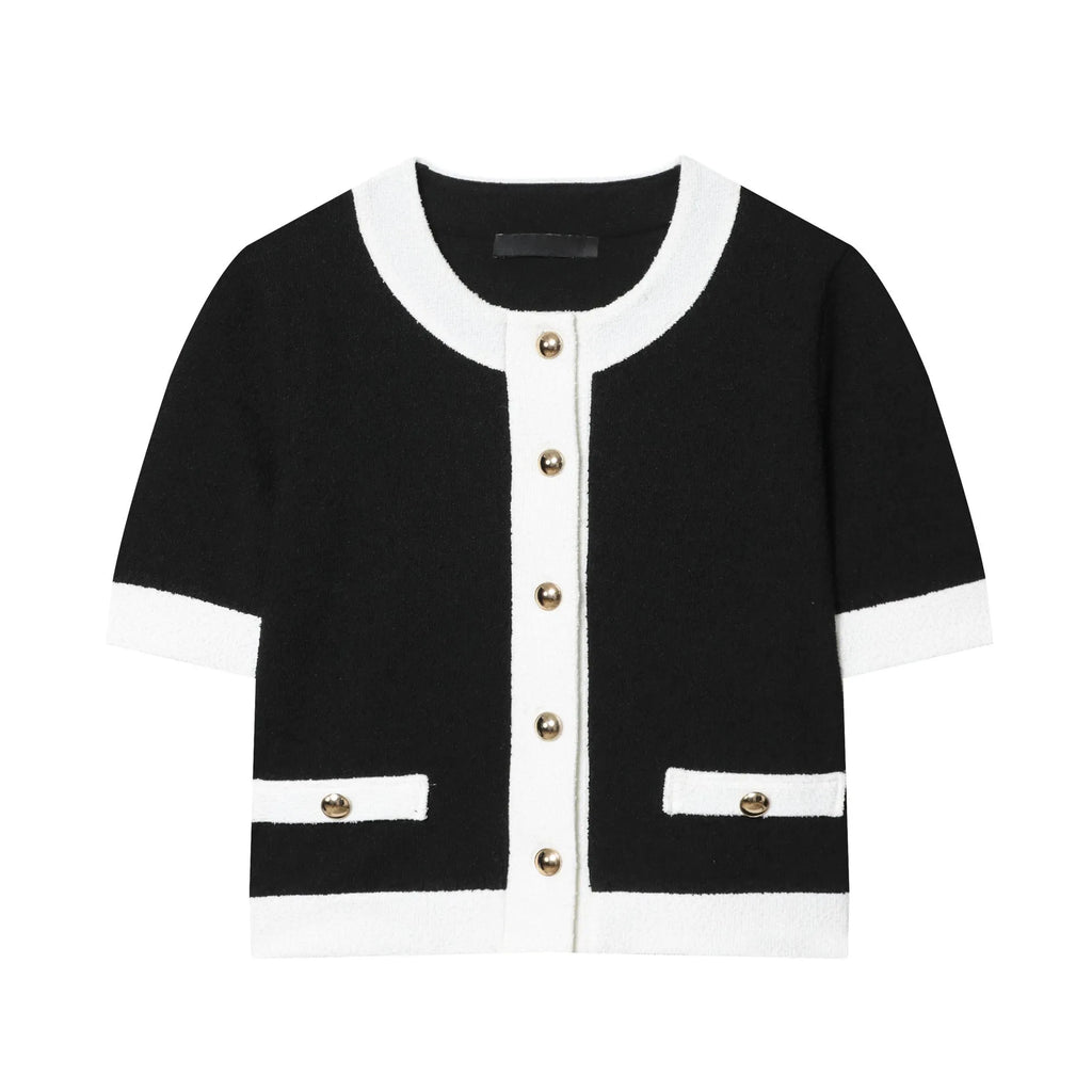 Women's beaded round neck top and high-waisted trousers suit in street fashion style with contrast colour detailing