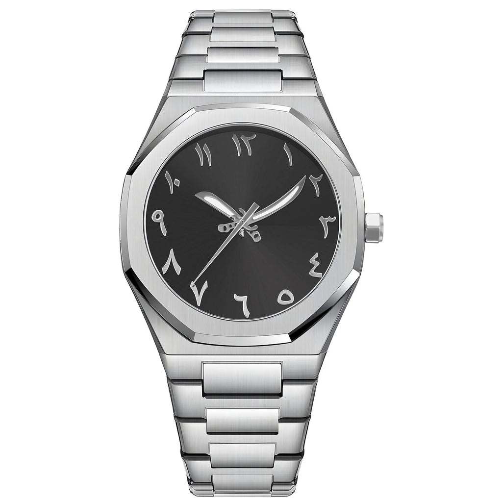 Men's business quartz watch with stainless steel bracelet showing 10mm thickness
