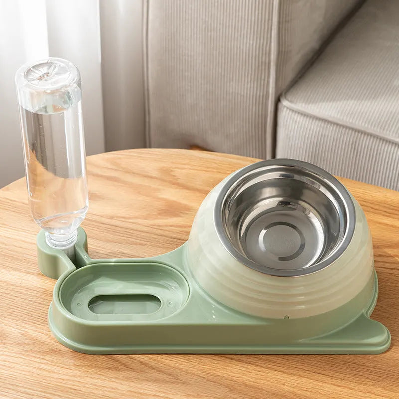 Brown elevated cat bowl with water dispenser bottle for automatic feeding