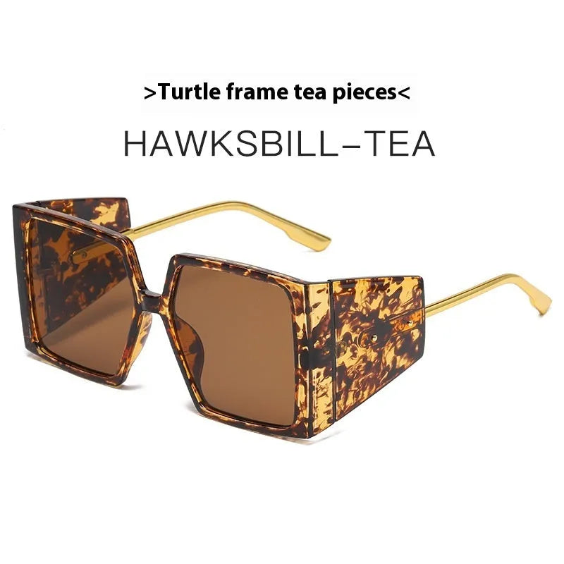 Large square sunglasses shown in available colours: black, blue, orange, champagne, green, tortoiseshell, and white frames.