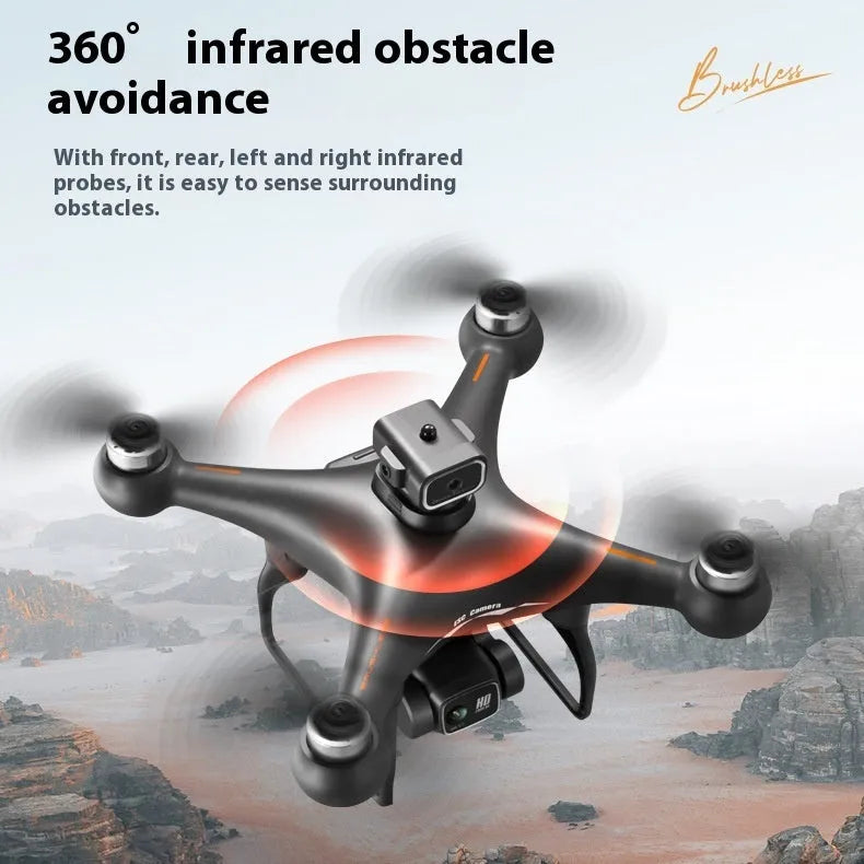 Black S116 brushless quadcopter drone with four rotors and a dual HD camera on a white background