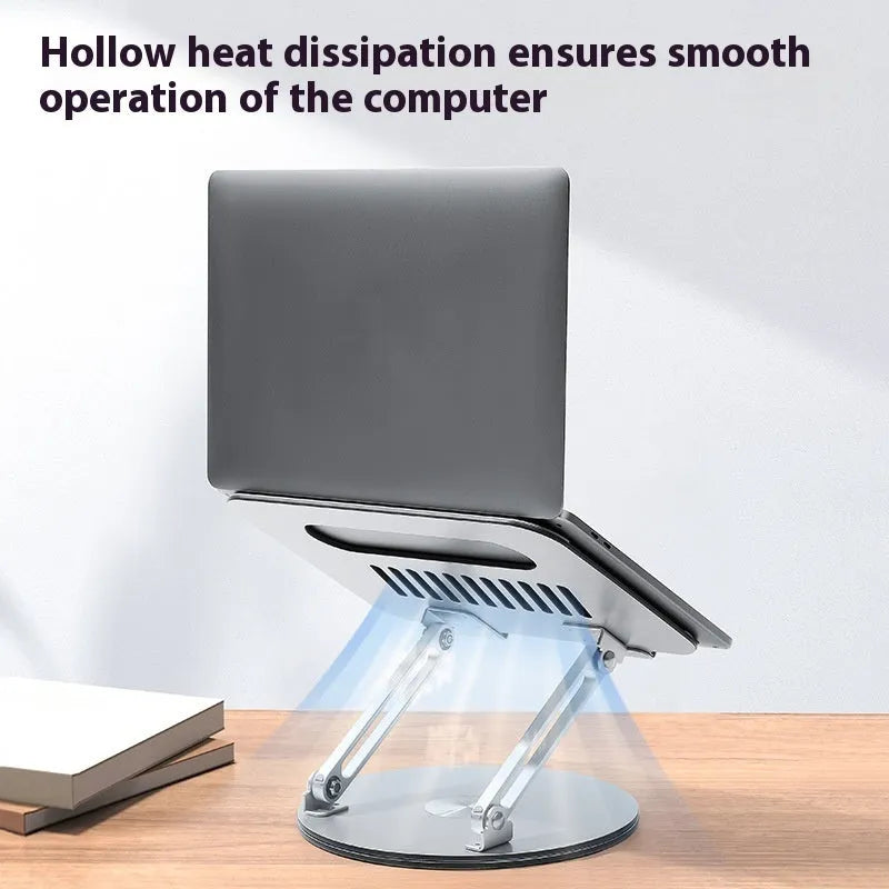 Silver aluminium laptop stand with adjustable height mechanism and rotatable screen positioning