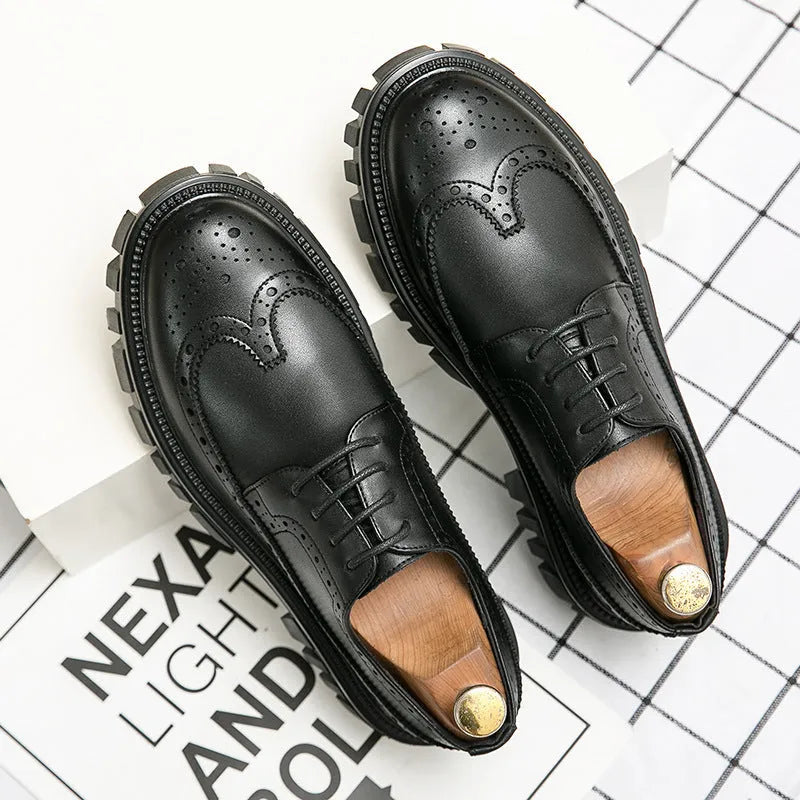 Black and brown men's brogue shoes with round toe and artificial PU upper for business casual wear.