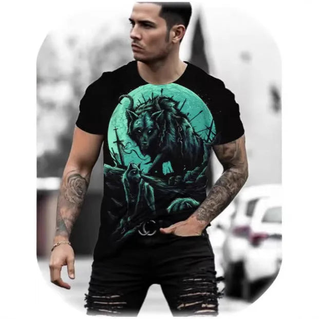 Retro 3D animal print on a men's grey short-sleeved t-shirt showing the digital print detail.