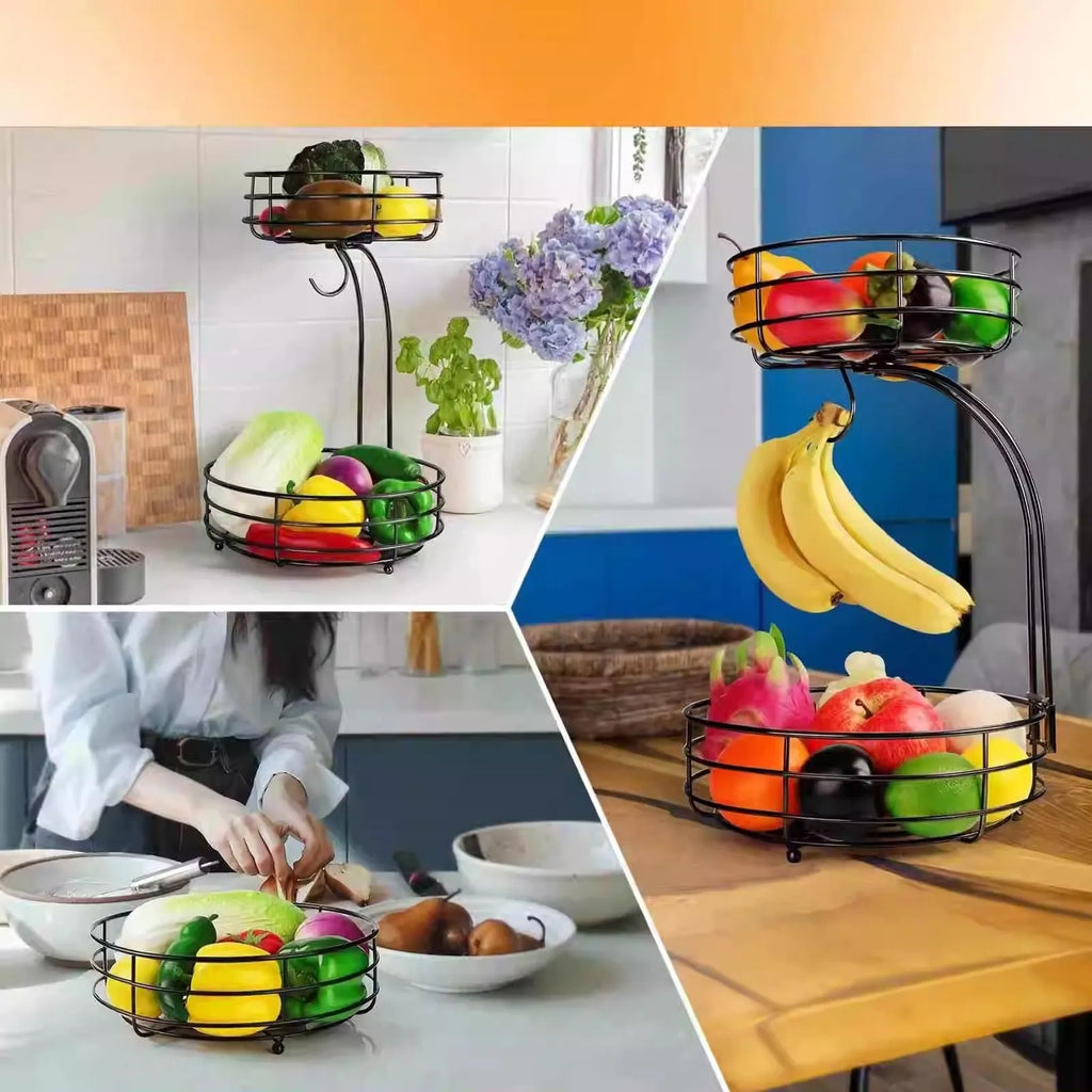 Black double-layer wrought iron fruit basket with open metalwork design
