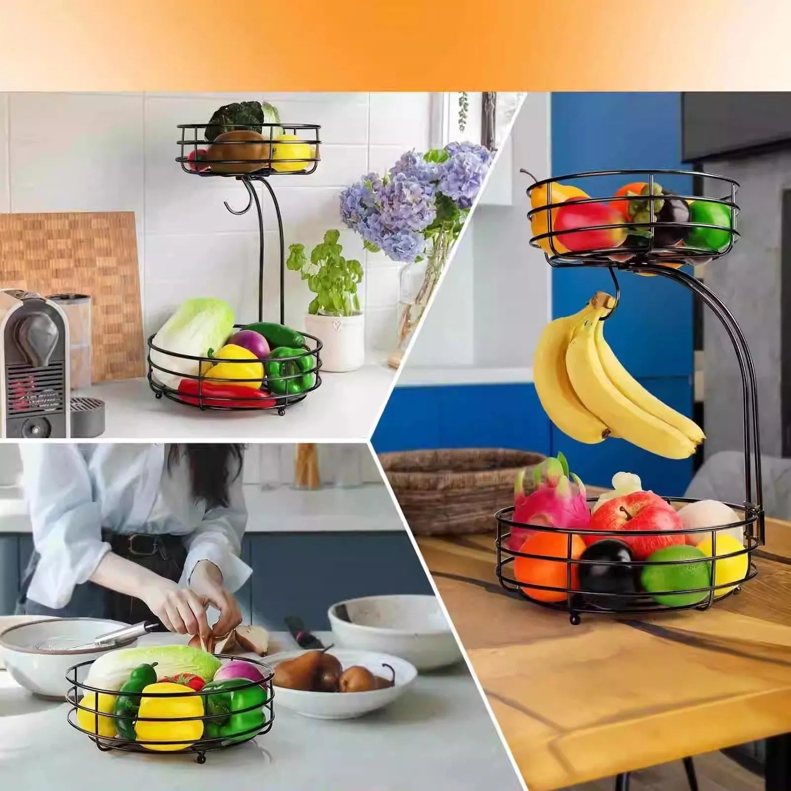 Black double-layer wrought iron fruit basket with open metalwork design