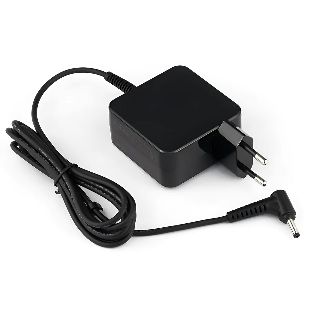 Black 45W laptop adapter with DC connector and US EU plugs, dimensions 99.3x36.5x61.8mm