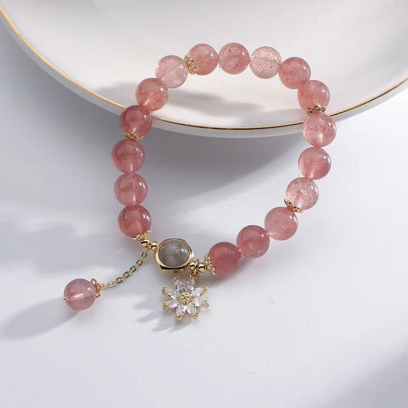 Strawberry quartz crystal bracelet with Korean Mori style floral design and electroplated finish
