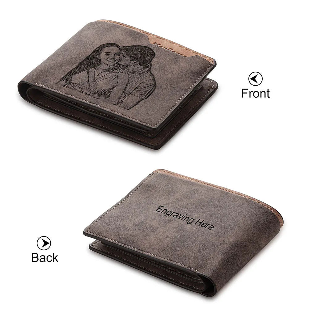 Coffee coloured engraved PU leather short wallet showing personalised photo engraving, front view.