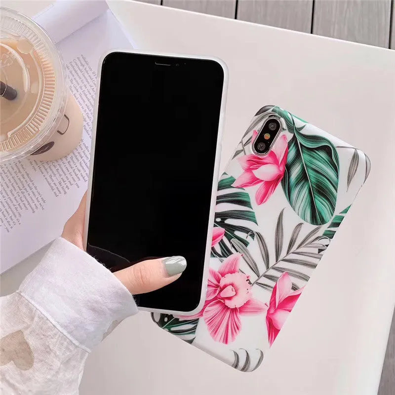 Pink floral iPhone case with flower design on back cover for multiple iPhone models