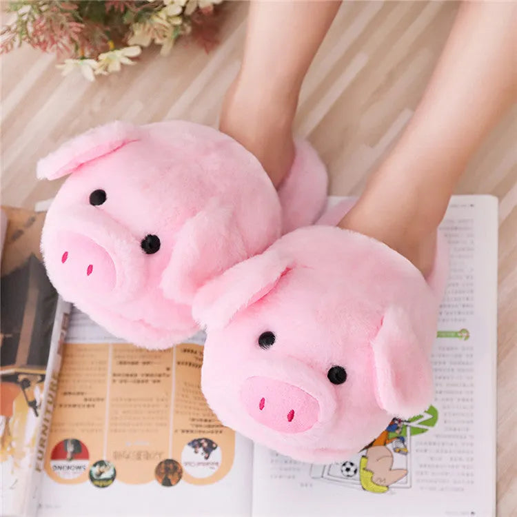 Pink adult pig floor slippers with short plush fabric and PP cotton filling.