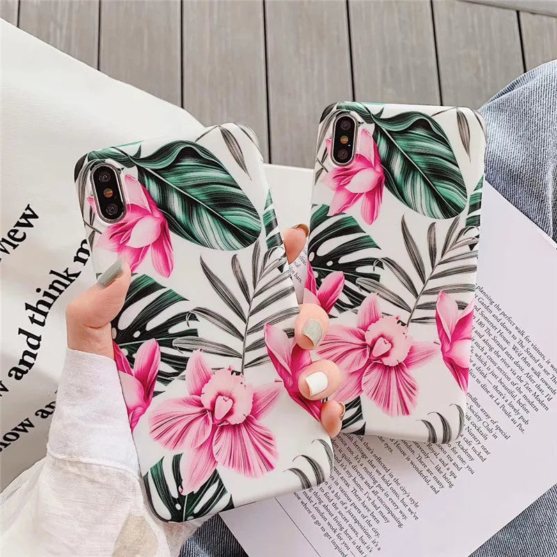 Pink floral iPhone case with flower design on back cover for multiple iPhone models