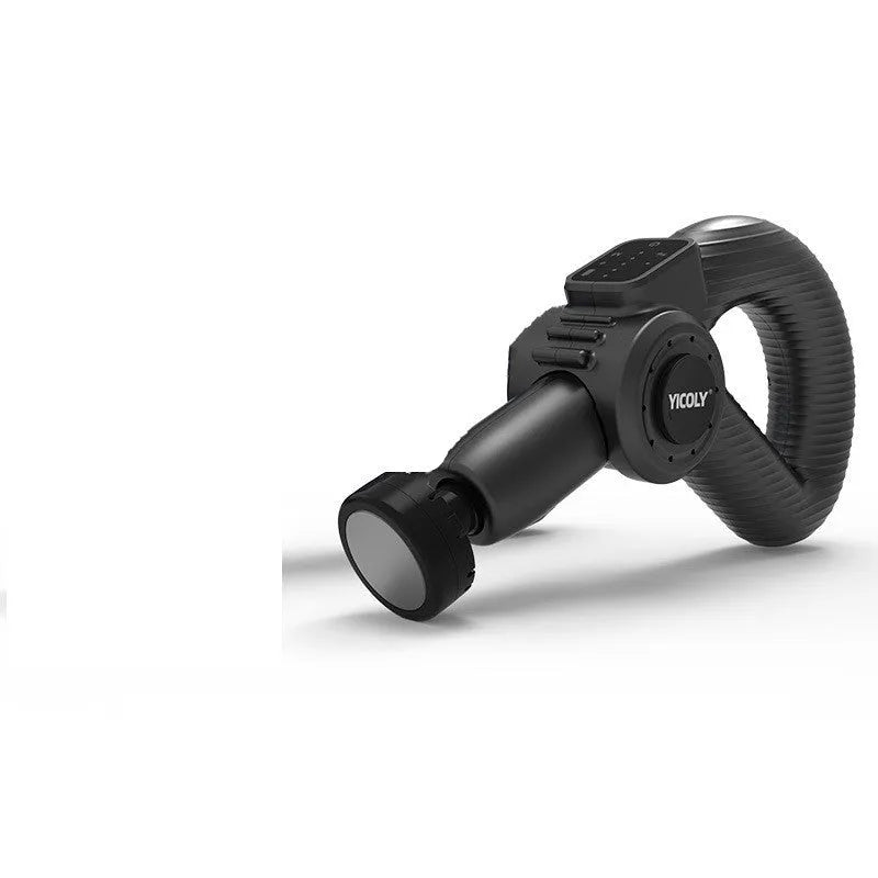 Black smart muscle massage gun with five interchangeable heads and carry bag