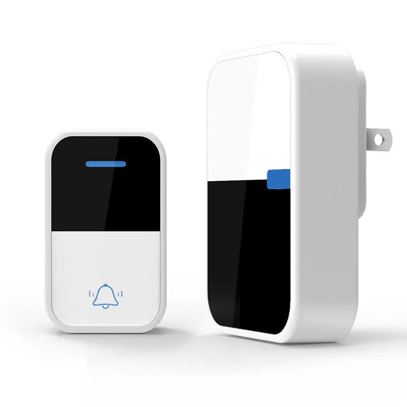 Modern white plastic wireless doorbell receiver and main unit with self-generating power.