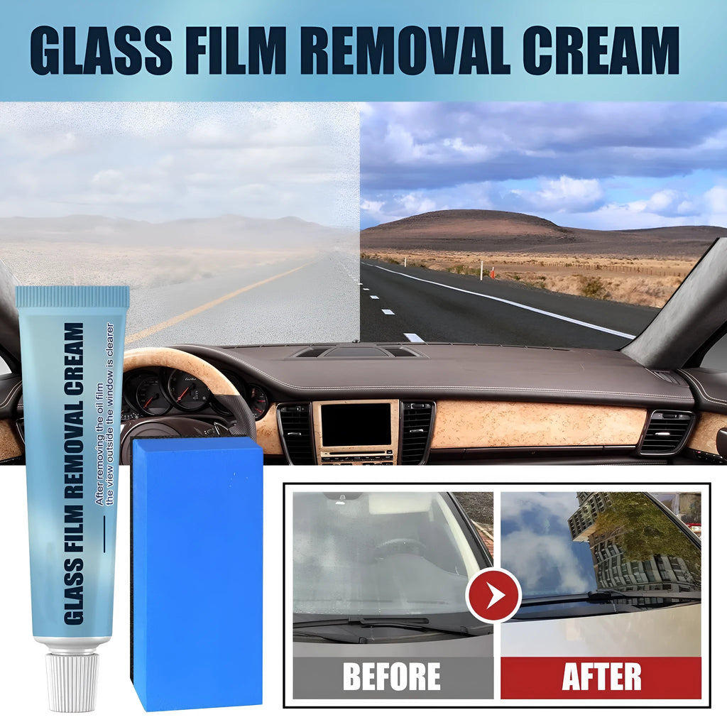 Blue car window oil film remover with a soft sponge brush for decontaminating windshields.