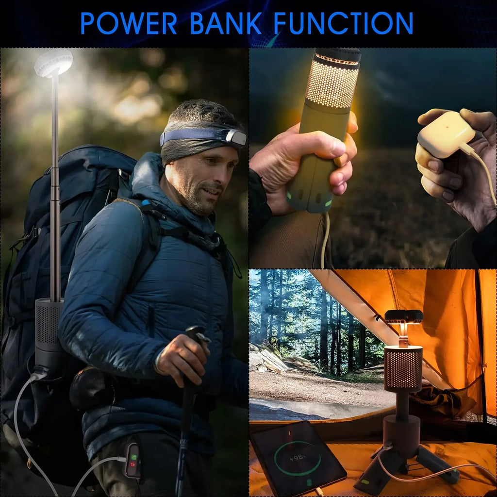 Portable creamy white and dark grey LED camping lantern with a button switch on a table.