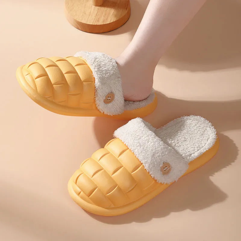 Plaid detachable EVA slippers with plush lining, shown in pink, with a round toe and flat sole.