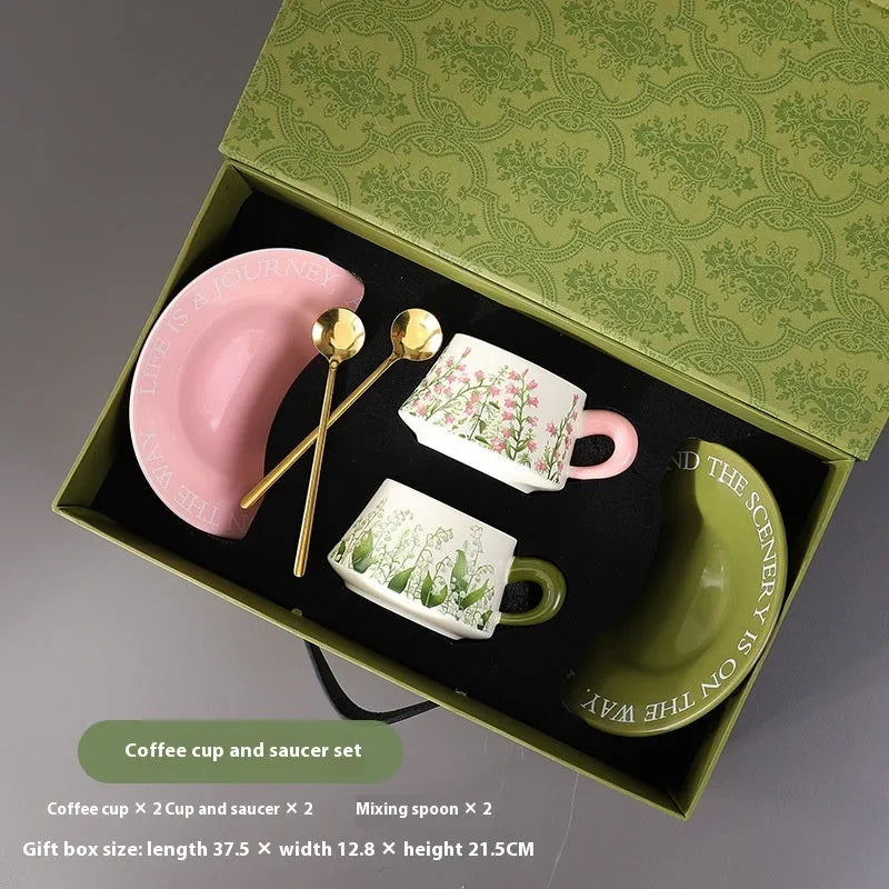 Ceramic coffee cup and saucer set for two people with two colour design options