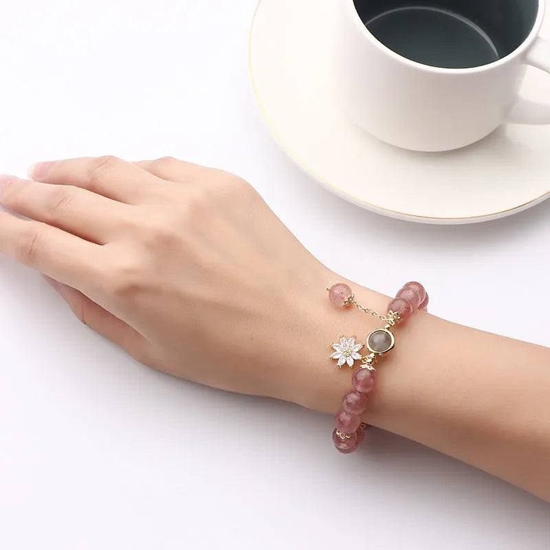 Strawberry quartz crystal bracelet with Korean Mori style floral design and electroplated finish