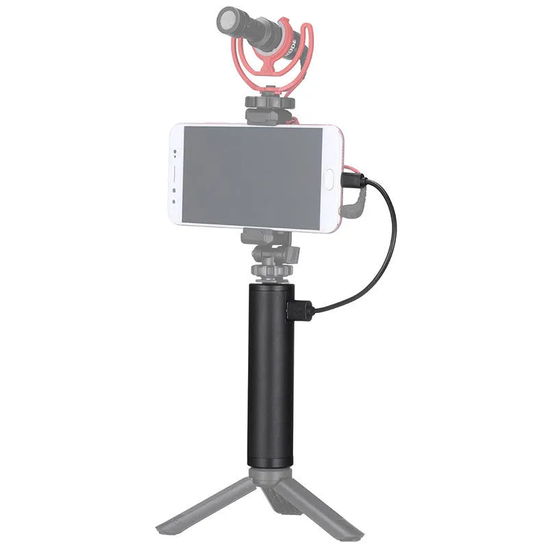 Black aluminium alloy portable power bank with an integrated handle, showing front view with scale.