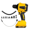 Yellow cordless lithium battery dust gun for blowing and suction cleaning.