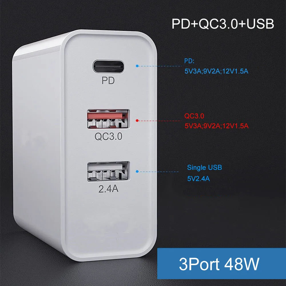 Multi-port mobile phone fast charger with PD and QC technology in black ABS plastic housing